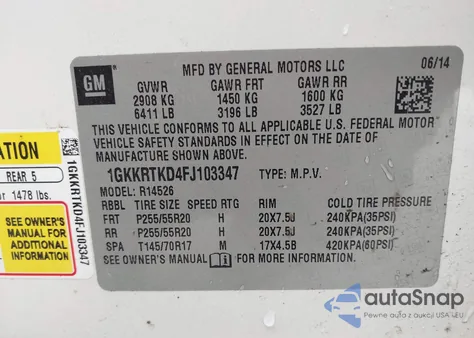 2015 GMC Acadia Denali z USA, uszkodzony, nr VIN 1GKKRTKD4FJ103347